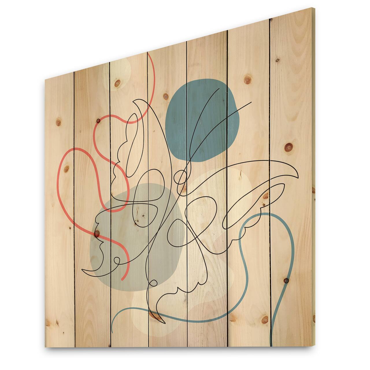 Designart - Butterfly One Line Drawing On Cubism Shapes I - Modern Print on Natural Pine Wood